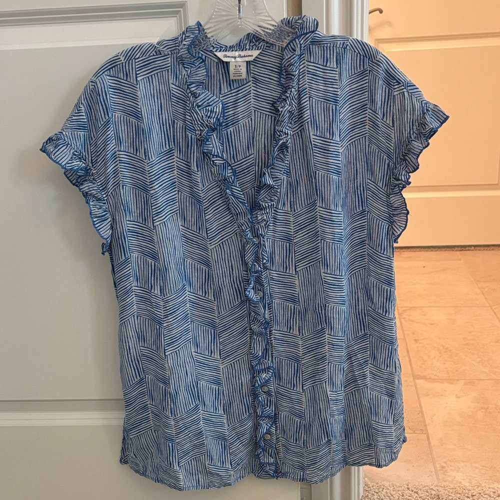 Tommy Bahama Blue Geometric Ruffle Blouse